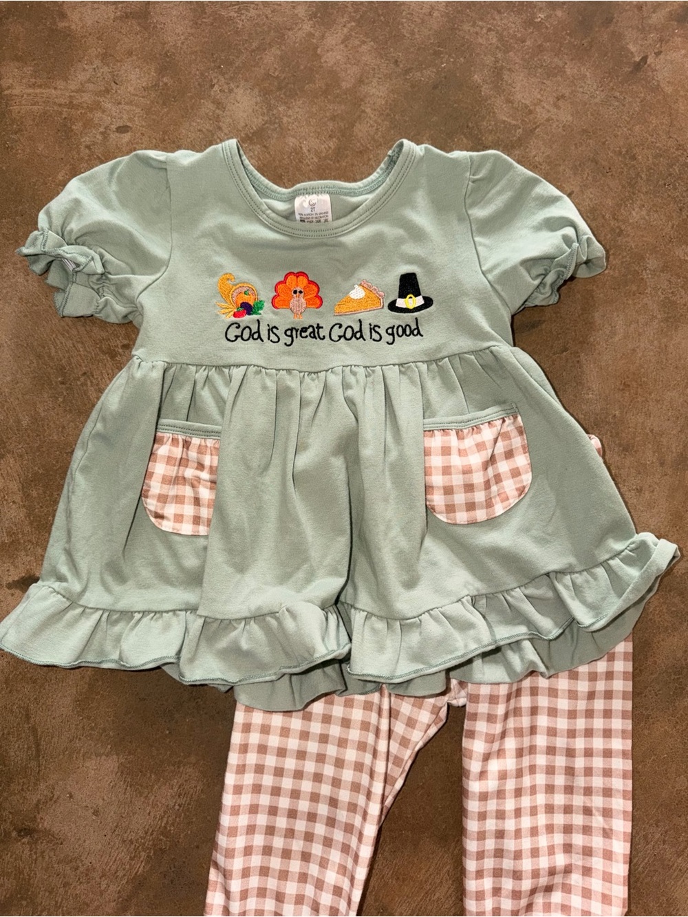Girls 2T Thanksgiving God Is Great Turkey Gingham Ruffle Outfit Set - Picture 3 of 6